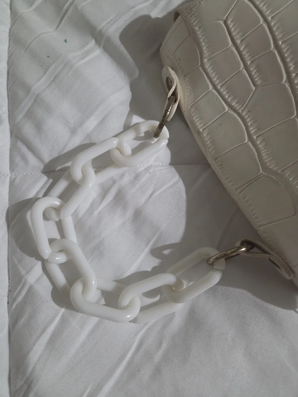 White Croc-Embossed Chain Handle Shoulder Bag